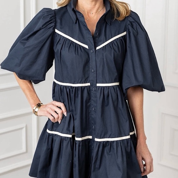 Sofie The Label Dresses & Skirts - Sofie The Label Navy Puff-Sleeve Tiered Shirt Dress with White Trim
